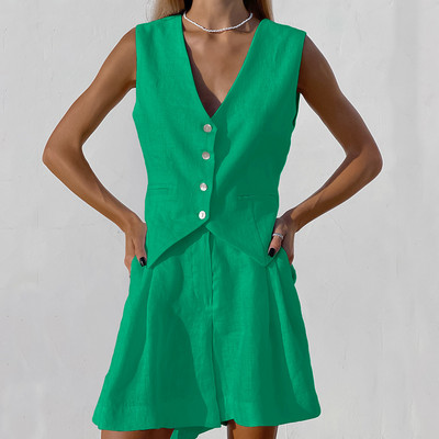 Vasaras balts lina divdaļīgs komplekts sievietēm 2024. gada modes bezpiedurkņu veste ar augstu vidukli šorti, komplekti biroja dāmu uzvalki jauni