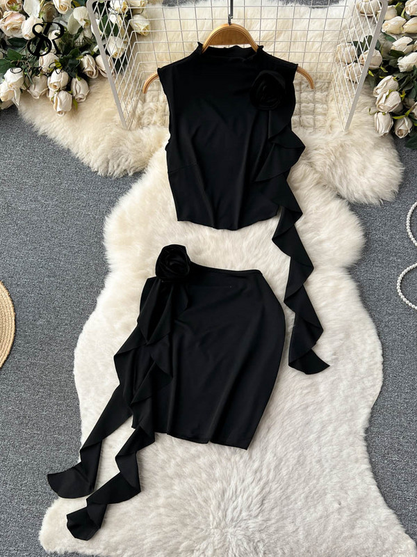 SINGREINY sieviešu seksīgi divu gabalu uzvalki bez piedurknēm ar volāniem, īsa blūze + Bodycon Flower mini svārki, modes ielas apģērba pludmales komplekti