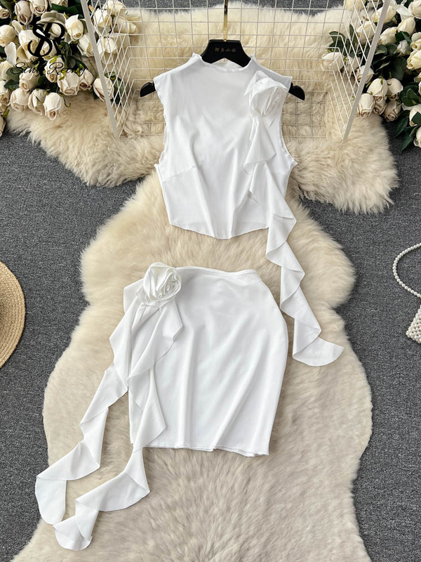 SINGREINY sieviešu seksīgi divu gabalu uzvalki bez piedurknēm ar volāniem, īsa blūze + Bodycon Flower mini svārki, modes ielas apģērba pludmales komplekti