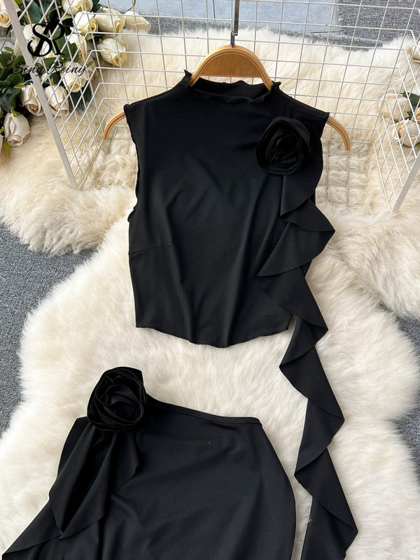 SINGREINY sieviešu seksīgi divu gabalu uzvalki bez piedurknēm ar volāniem, īsa blūze + Bodycon Flower mini svārki, modes ielas apģērba pludmales komplekti