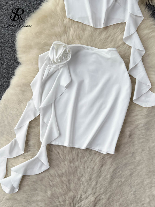 SINGREINY sieviešu seksīgi divu gabalu uzvalki bez piedurknēm ar volāniem, īsa blūze + Bodycon Flower mini svārki, modes ielas apģērba pludmales komplekti