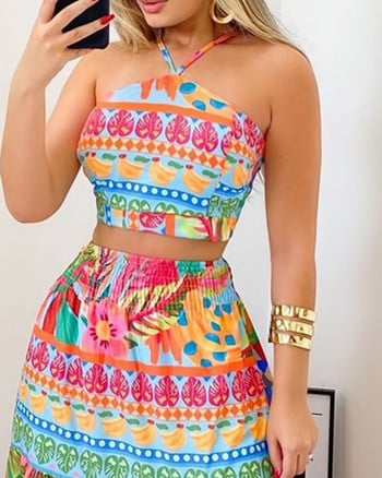 Γυναικείο σετ δύο τεμαχίων Summer Vacation Fashion Vintage Tropical Print Halter Αμάνικο Crop Top και Σετ Maxi Φούστα με ψηλή μέση