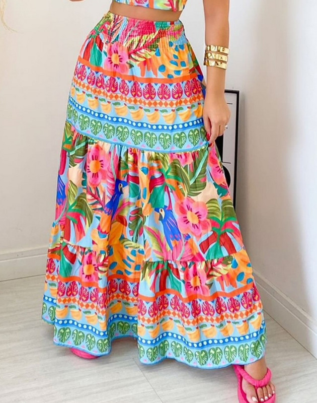 Sieviešu divdaļīgs komplekts Vasaras brīvdienu modes retro tropu apdrukas apkakles bez piedurknēm Crop Top un ar augstu jostasvietu Maxi svārku komplekts