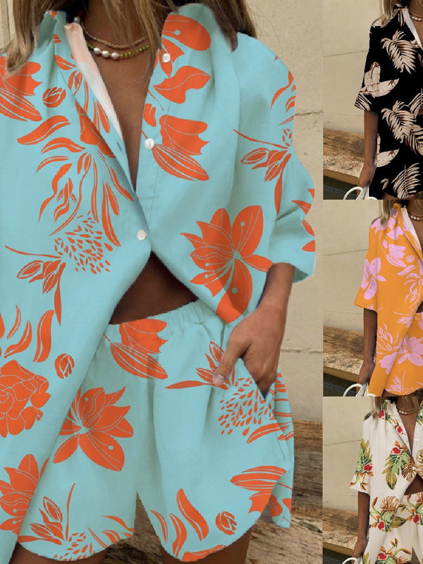 Madingi spausdinti moteriški kostiumai Laisvi laisvi marškinėliai su puse rankovėmis + šortai, dviejų dalių rinkiniai 2024 m. pavasario vasaros komplektai, moteriški