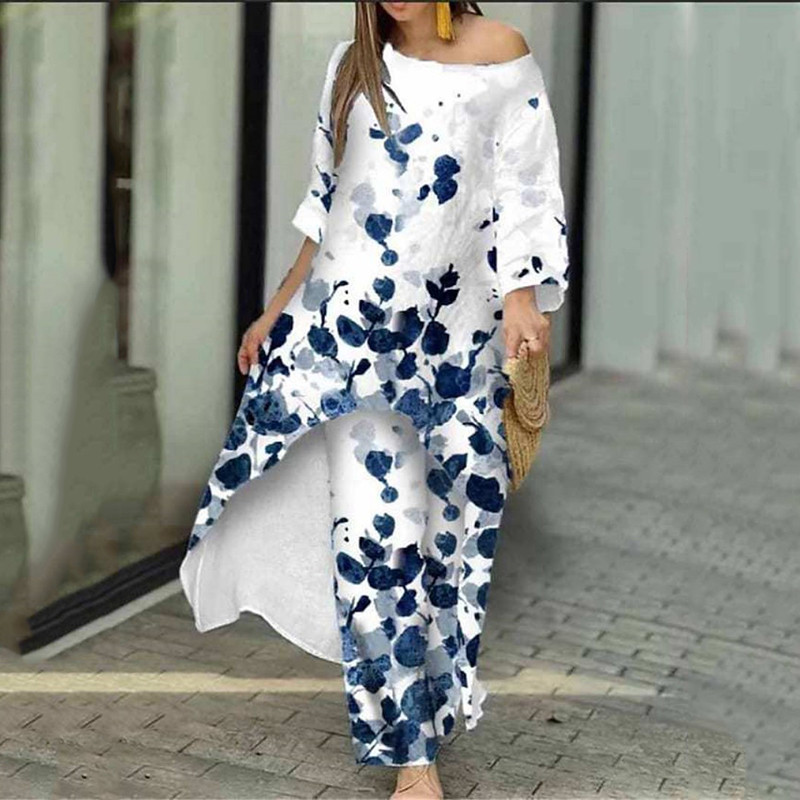 Kétrészes készletek O-nyakú, hosszú ujjú, szabálytalan szegélyű, hosszú felső és laza, széles szárú nadrágkosztümök Divatmintás virágos kényelmi szettek