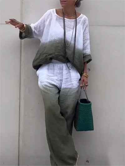 Pavasara vasaras gradienta krāsa Kokvilnas lina sieviešu uzvalks ar garām piedurknēm ikdienišķs brīvs, vienkāršs modes kabatas garās bikses sievietēm, 2daļīgs komplekts