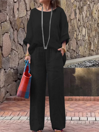 Pavasara vasaras gradienta krāsa Kokvilnas lina sieviešu uzvalks ar garām piedurknēm ikdienišķs brīvs, vienkāršs modes kabatas garās bikses sievietēm, 2daļīgs komplekts