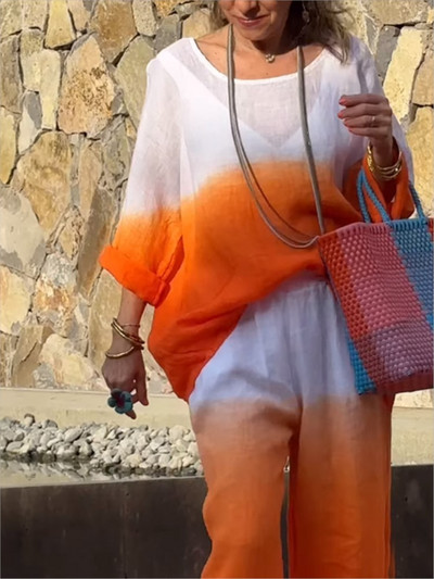 Pavasara vasaras gradienta krāsa Kokvilnas lina sieviešu uzvalks ar garām piedurknēm ikdienišķs brīvs, vienkāršs modes kabatas garās bikses sievietēm, 2daļīgs komplekts