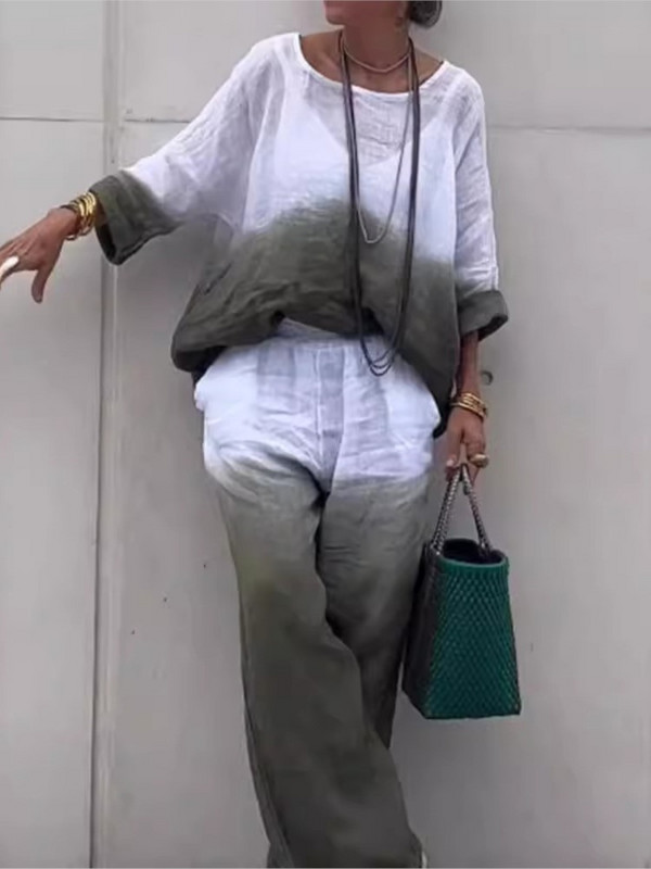 Pavasara vasaras gradienta krāsa Kokvilnas lina sieviešu uzvalks ar garām piedurknēm ikdienišķs brīvs, vienkāršs modes kabatas garās bikses sievietēm, 2daļīgs komplekts