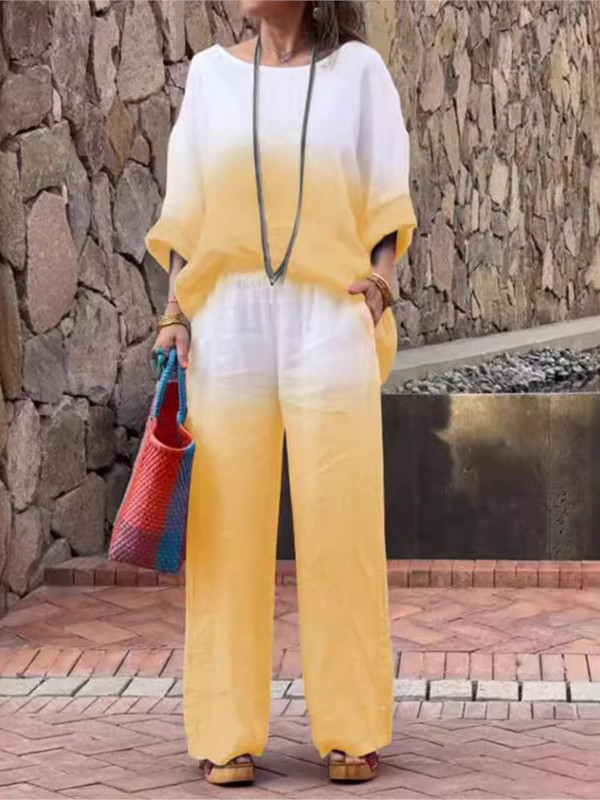 Pavasara vasaras gradienta krāsa Kokvilnas lina sieviešu uzvalks ar garām piedurknēm ikdienišķs brīvs, vienkāršs modes kabatas garās bikses sievietēm, 2daļīgs komplekts