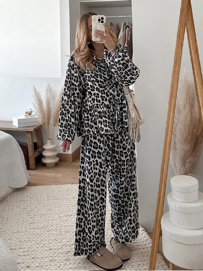Marškiniai su leopardo raštais, dviejų dalių komplektas, moteriškas lankas, suvarstomas ilgomis rankovėmis marškinėliai plačiomis kelnėmis, moteriškas kostiumas, 2024 m. pavasario vasaros mados moteris