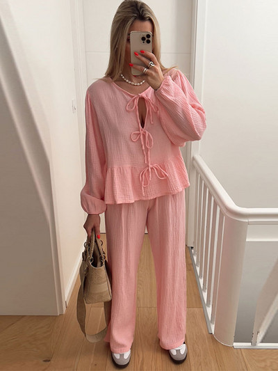 Marškiniai su leopardo raštais, dviejų dalių komplektas, moteriškas lankas, suvarstomas ilgomis rankovėmis marškinėliai plačiomis kelnėmis, moteriškas kostiumas, 2024 m. pavasario vasaros mados moteris