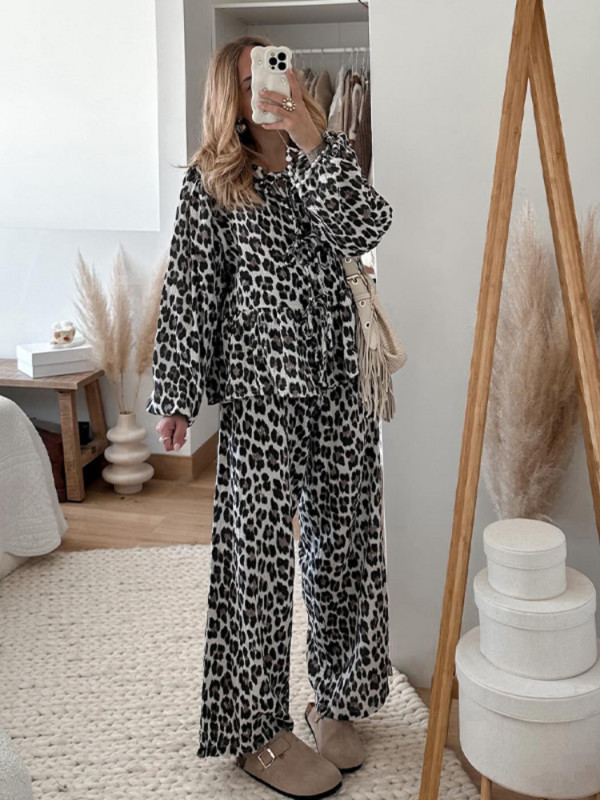 Marškiniai su leopardo raštais, dviejų dalių komplektas, moteriškas lankas, suvarstomas ilgomis rankovėmis marškinėliai plačiomis kelnėmis, moteriškas kostiumas, 2024 m. pavasario vasaros mados moteris