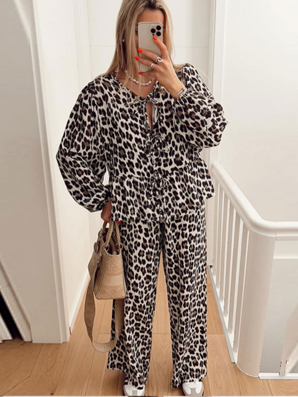 Marškiniai su leopardo raštais, dviejų dalių komplektas, moteriškas lankas, suvarstomas ilgomis rankovėmis marškinėliai plačiomis kelnėmis, moteriškas kostiumas, 2024 m. pavasario vasaros mados moteris