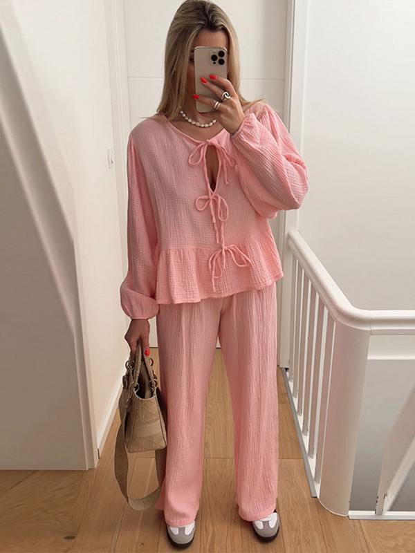 Marškiniai su leopardo raštais, dviejų dalių komplektas, moteriškas lankas, suvarstomas ilgomis rankovėmis marškinėliai plačiomis kelnėmis, moteriškas kostiumas, 2024 m. pavasario vasaros mados moteris