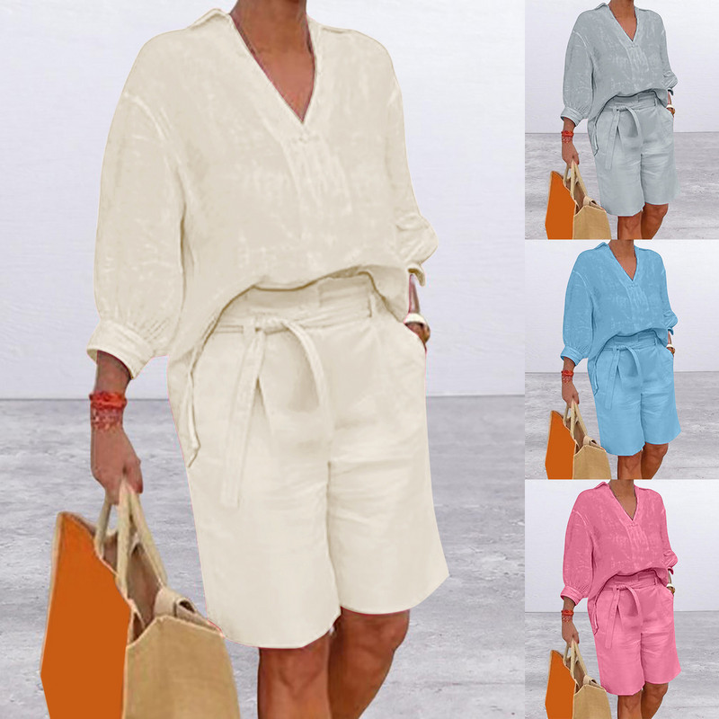 Vasaras brīvs divdaļīgs komplekts sievietēm Modes krekls ar puspiedurknēm V veida kakla izgriezumu, taisns kabatas jostas bikses Kokvilnas lina tērps
