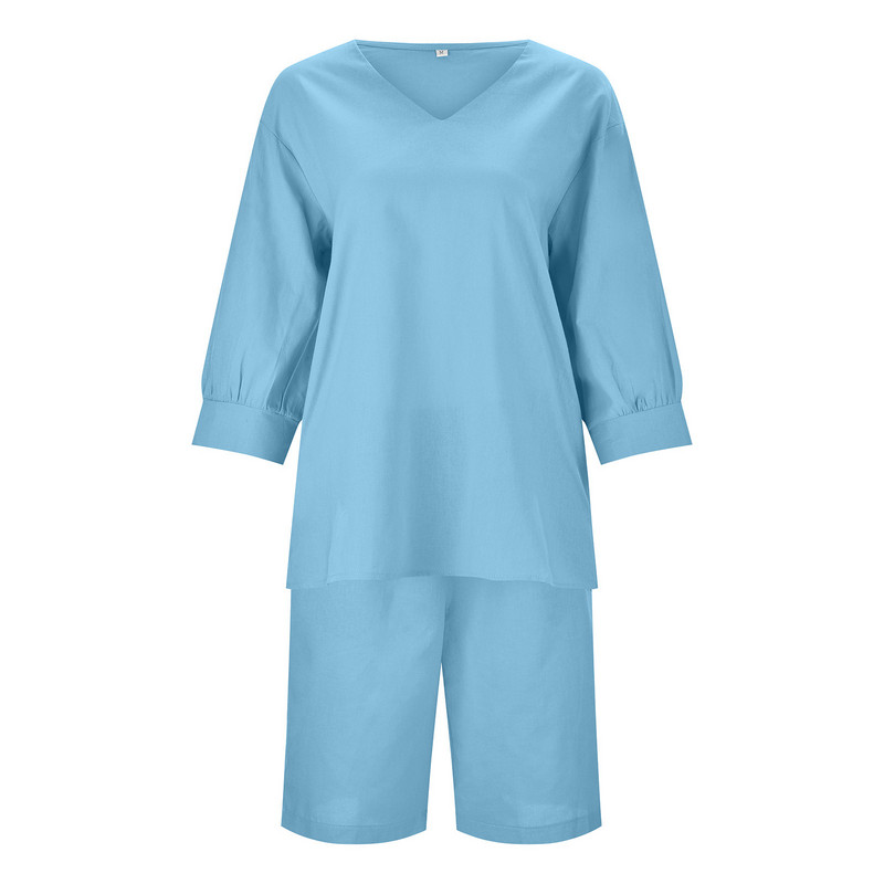 Vasaras brīvs divdaļīgs komplekts sievietēm Modes krekls ar puspiedurknēm V veida kakla izgriezumu, taisns kabatas jostas bikses Kokvilnas lina tērps