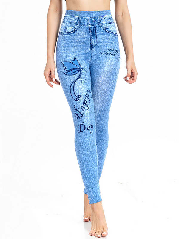 YSDNCHI Visoki elastični donji dio Ležerne skraćene hlače Ženske plave bešavne traperice Uske tajice s printom leptira