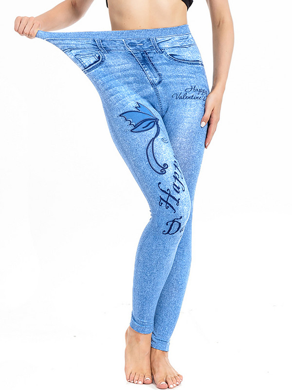 YSDNCHI Visoki elastični donji dio Ležerne skraćene hlače Ženske plave bešavne traperice Uske tajice s printom leptira