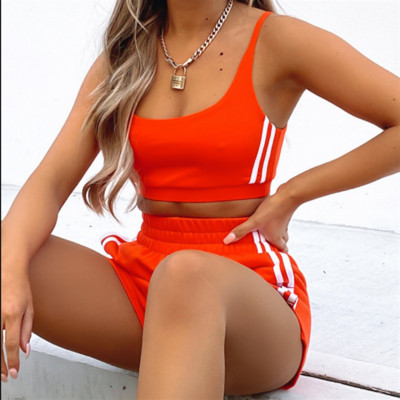 Ikdienas savelkamās velosipēdistu šortu komplekti Sieviešu sporta apģērbi, apgriezti apgriezti tops + šorti vasaras sporta tērpiem, ciets divdaļīgs komplekts