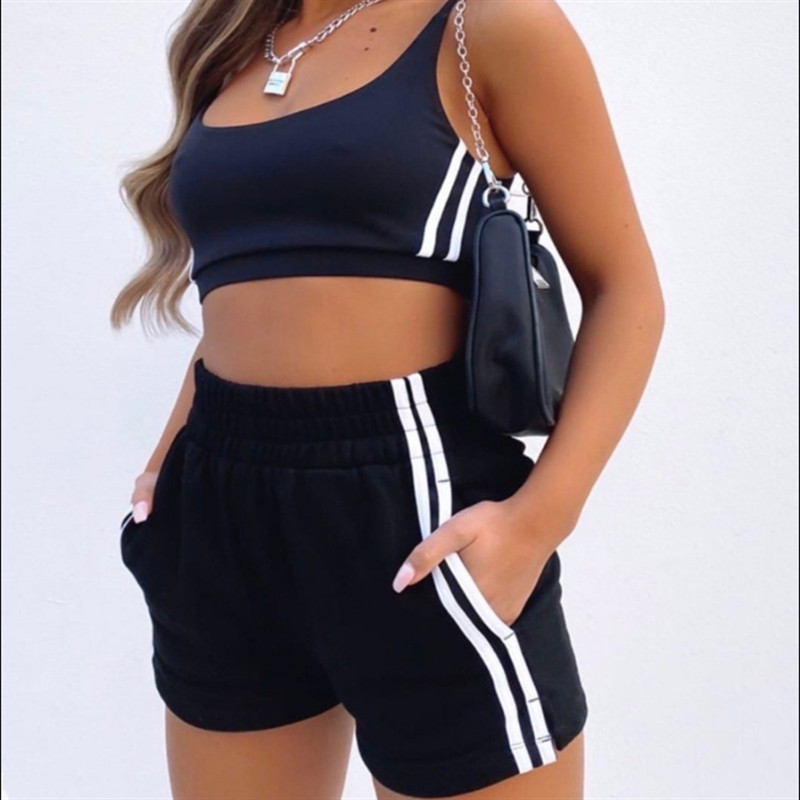 Ikdienas savelkamās velosipēdistu šortu komplekti Sieviešu sporta apģērbi, apgriezti apgriezti tops + šorti vasaras sporta tērpiem, ciets divdaļīgs komplekts