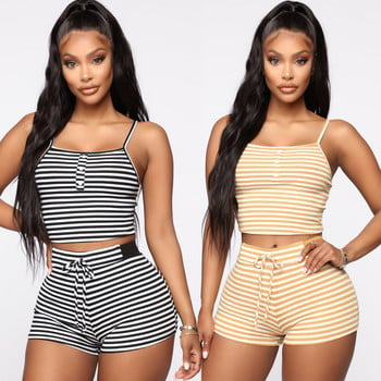 Hirigin 2PCS Γυναικεία Sleepwear Summer Casual Bodycon Ριγέ Crop Top και σορτς Ρούχα Αθλητικά Σετ πιτζάμες