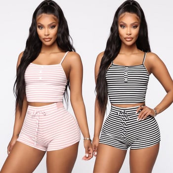 Hirigin 2PCS Γυναικεία Sleepwear Summer Casual Bodycon Ριγέ Crop Top και σορτς Ρούχα Αθλητικά Σετ πιτζάμες