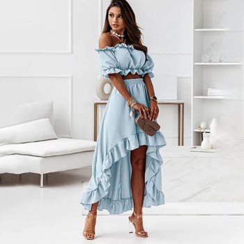 Sexy Off Shoulder Two Piece Σετ Γυναικεία Καλοκαιρινό βολάν Εξώπλατα ρούχα Puff Sleeve Strapless Beach Party Φούστες 2 τεμαχίων Σετ Ρόμπα