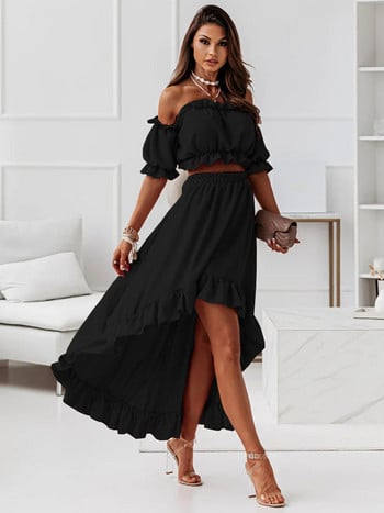 Sexy Off Shoulder Two Piece Σετ Γυναικεία Καλοκαιρινό βολάν Εξώπλατα ρούχα Puff Sleeve Strapless Beach Party Φούστες 2 τεμαχίων Σετ Ρόμπα