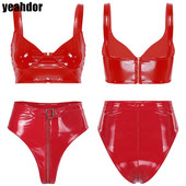 Sieviešu Wet Look lakādas apakšveļas komplekts Wireless V kakla krūštura augšdaļa ar augstu vidukļa rāvējslēdzēju kājstarpes biksītes Sexy Clubwear