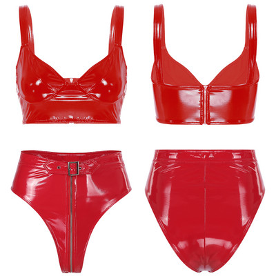Sieviešu Wet Look lakādas apakšveļas komplekts Wireless V kakla krūštura augšdaļa ar augstu vidukļa rāvējslēdzēju kājstarpes biksītes Sexy Clubwear