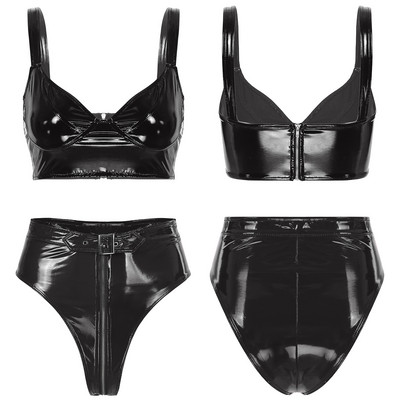 Sieviešu Wet Look lakādas apakšveļas komplekts Wireless V kakla krūštura augšdaļa ar augstu vidukļa rāvējslēdzēju kājstarpes biksītes Sexy Clubwear
