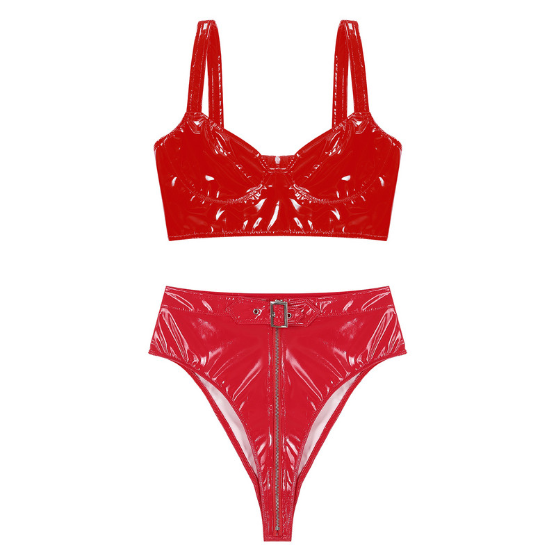 Sieviešu Wet Look lakādas apakšveļas komplekts Wireless V kakla krūštura augšdaļa ar augstu vidukļa rāvējslēdzēju kājstarpes biksītes Sexy Clubwear