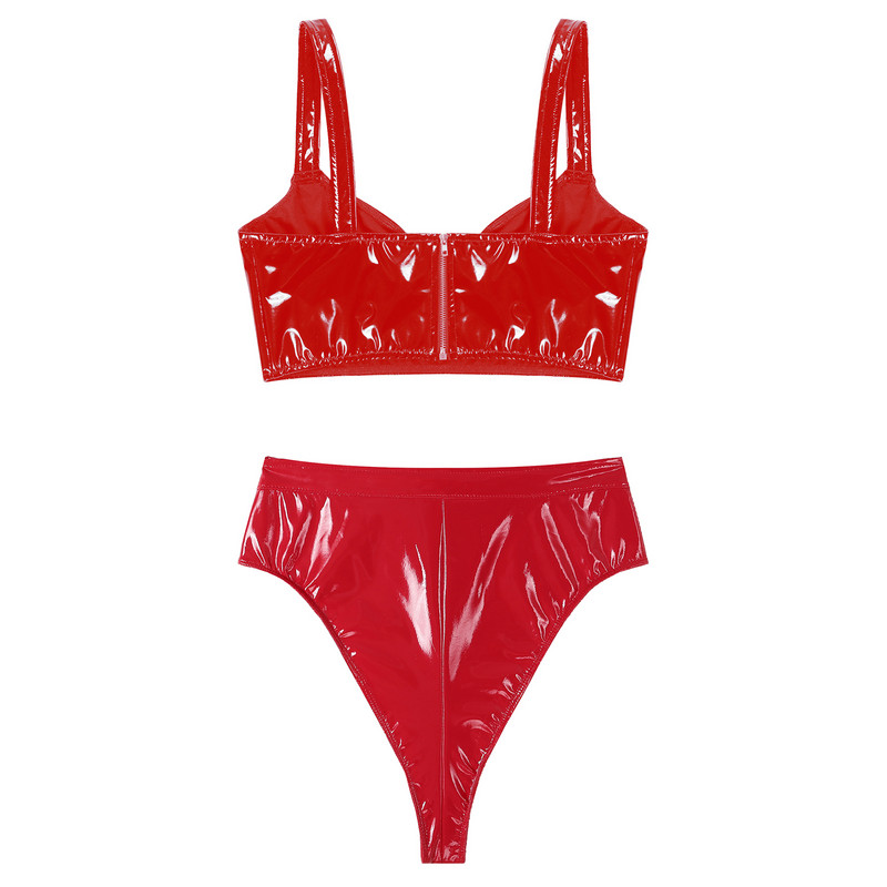 Sieviešu Wet Look lakādas apakšveļas komplekts Wireless V kakla krūštura augšdaļa ar augstu vidukļa rāvējslēdzēju kājstarpes biksītes Sexy Clubwear