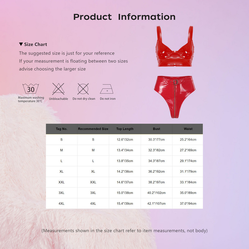 Sieviešu Wet Look lakādas apakšveļas komplekts Wireless V kakla krūštura augšdaļa ar augstu vidukļa rāvējslēdzēju kājstarpes biksītes Sexy Clubwear