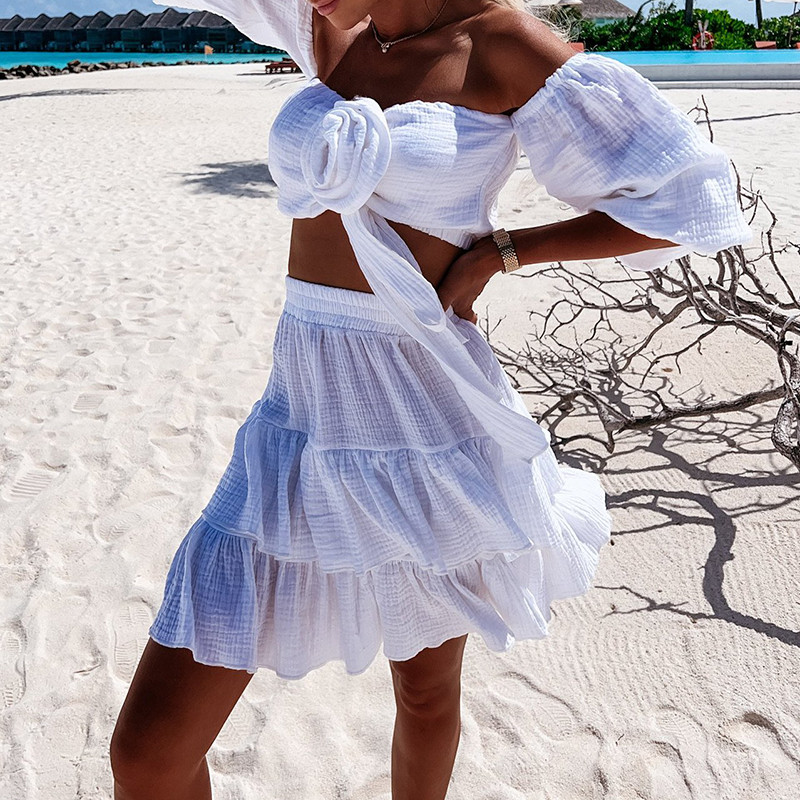 Ženska modna boho dvodijelna odjeća, ljetno pamučno jednobojno odijelo za plažu Seksi komplet mini suknji s cvjetovima s otvorenim ramenima i kratkim suknjama