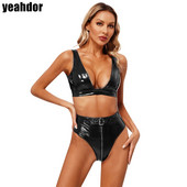 Moteriškas „Wet Look“ lakinės odos apatinio trikotažo rinkinys „Clubwear“ žemo kirpimo „Crop“ liemenėlės viršus su aukštu juosmens užtrauktuku priekyje