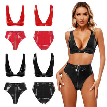 Γυναικείο Wet Look Σετ εσωρούχων από λουστρίνι Clubwear Low-cut Crop σουτιέν μπλούζα με ψηλόμεσο φερμουάρ μπροστά σλιπ