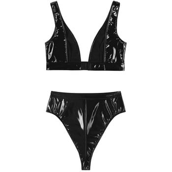 Γυναικείο Wet Look Σετ εσωρούχων από λουστρίνι Clubwear Low-cut Crop σουτιέν μπλούζα με ψηλόμεσο φερμουάρ μπροστά σλιπ