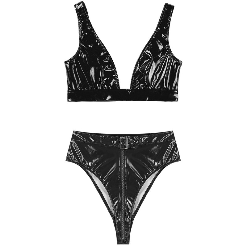 Moteriškas „Wet Look“ lakinės odos apatinio trikotažo rinkinys „Clubwear“ žemo kirpimo „Crop“ liemenėlės viršus su aukštu juosmens užtrauktuku priekyje