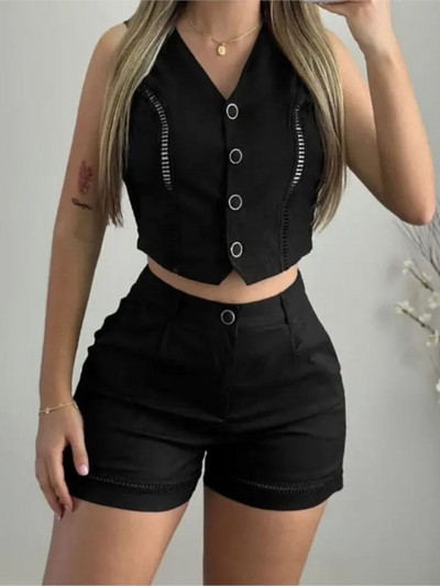 Szexi, kétrészes készletek, női ruha 2024-es nyári üreges gombokkal, ujjatlan V-nyakú mellény felső és zsebes rövidnadrág szett, masszívan illeszkedő szett