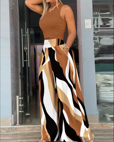 Vasaras sieviešu komplekts, moderns, seksīgs ar apdruku, platas bikses, ikdienas mājas āra pārvietošanās, temperamenta elegants sieviešu komplekts