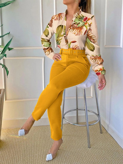 Cămașă damă de primăvară Seturi de costume 2 piese Cămașă cu imprimeu de toamnă Pantaloni de curea decolteu Top cu mânecă lungă Seturi de costume 2 piese Ocazional de lucru Femei