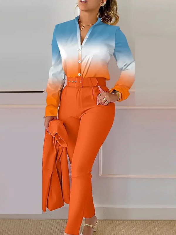 Cămașă damă de primăvară Seturi de costume 2 piese Cămașă cu imprimeu de toamnă Pantaloni de curea decolteu Top cu mânecă lungă Seturi de costume 2 piese Ocazional de lucru Femei