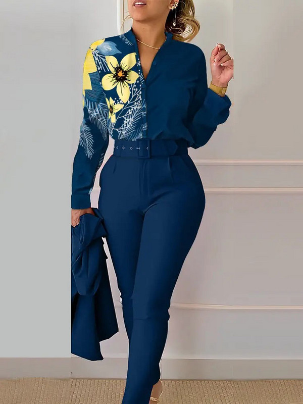 Cămașă damă de primăvară Seturi de costume 2 piese Cămașă cu imprimeu de toamnă Pantaloni de curea decolteu Top cu mânecă lungă Seturi de costume 2 piese Ocazional de lucru Femei