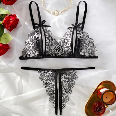 Lenjerie de corp pentru damă, broderie, stil subțire, lenjerie sexy, fantezie, dantelă, 2 bucăți, transparent, erotic, frumos, set sutien și chiloți