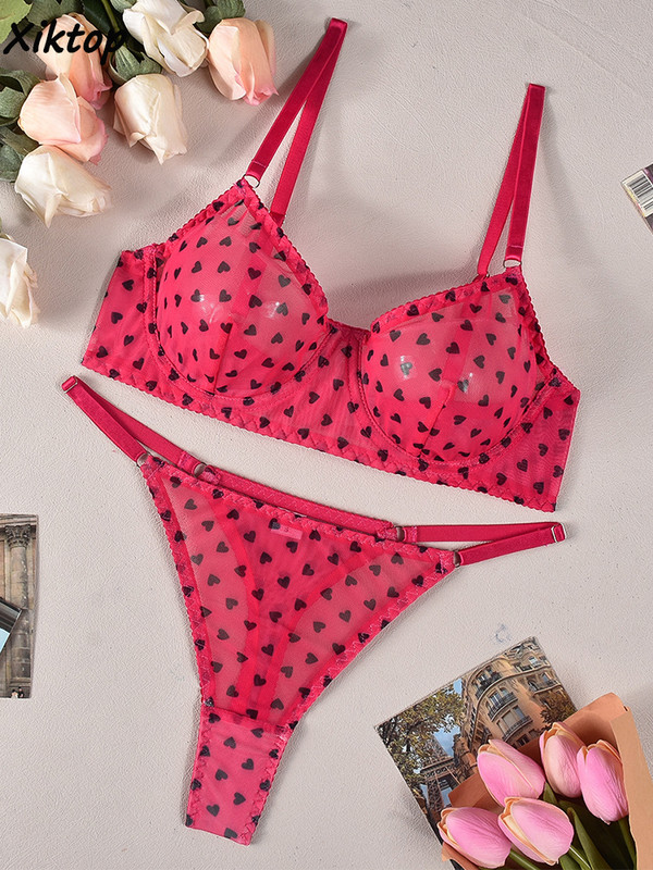 Xiktop Love-Heart sieta apakšveļa īpaši plāns, caurspīdīgs sieviešu apakšveļas komplekts ar tilla apdruku, intīms caurspīdīgs bralette seksīgs komplekts
