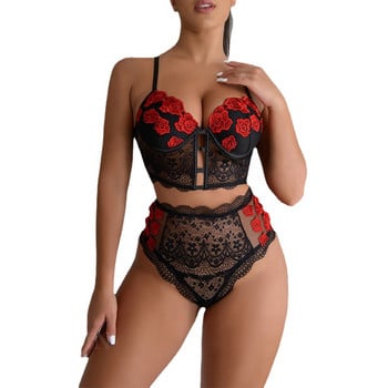 Fashion Hollowed Lace See Through Bra Sexy Lace Ebroidery Floral Σετ σουτιέν και εσώρουχο Γυναικεία Sleepwear Fun Σετ σουτιέν εσωρούχων