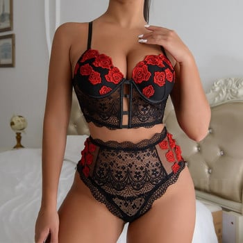 Fashion Hollowed Lace See Through Bra Sexy Lace Ebroidery Floral Σετ σουτιέν και εσώρουχο Γυναικεία Sleepwear Fun Σετ σουτιέν εσωρούχων