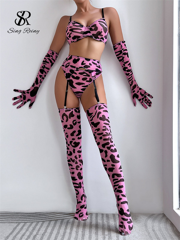 SINGREINY Leopard Sexy Lenjerie Intima Costume Spaghetti Bretele Teaca Femei Shapewear Femei Lenjerie Moda Club Erotic 5 Piese Seturi
